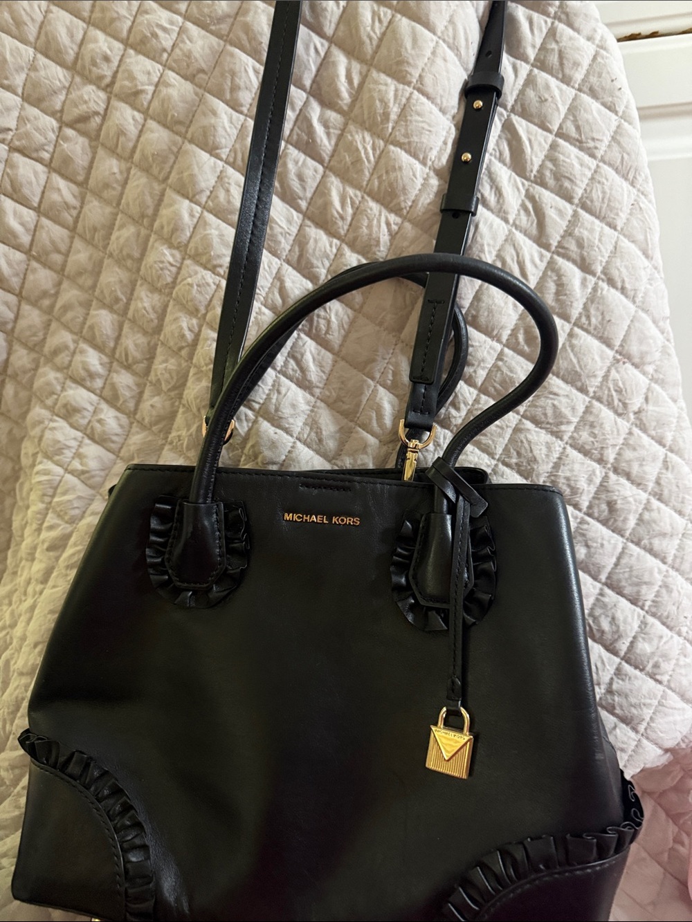 Michael Kors Black Leather Satchel with Gold Padlock Accent
